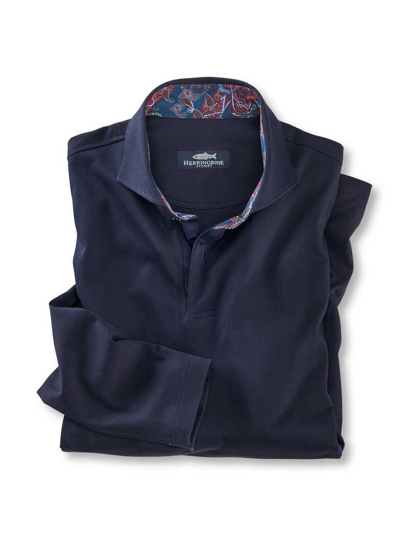 Herren-Langarm-Poloshirt aus Swiss Cotton mit Paisley-Kragen