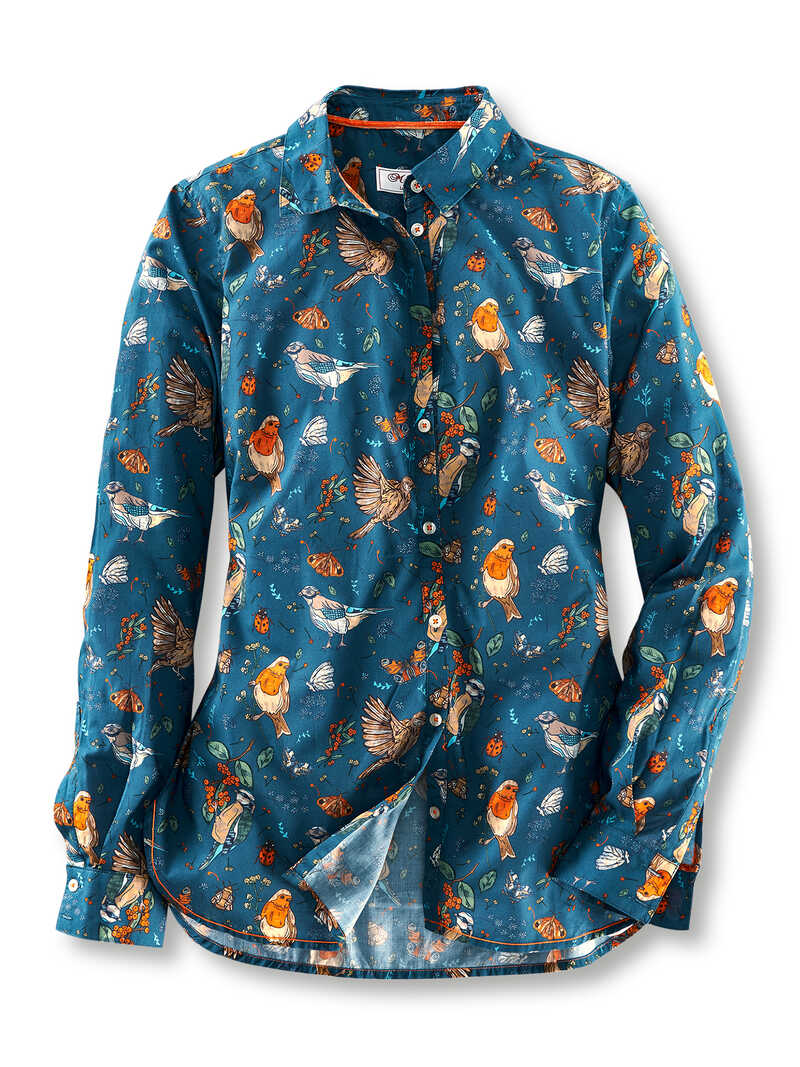 Langarm-Bluse mit Vogel-Schmetterlings-Print