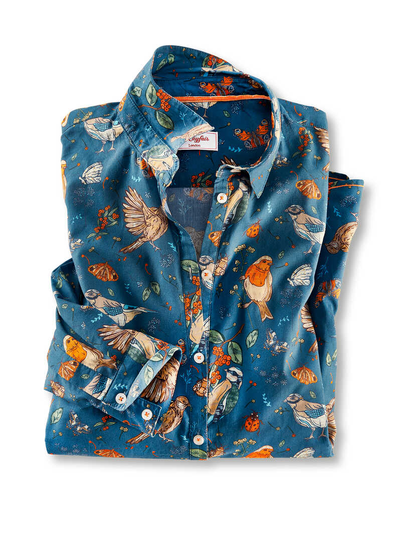 Langarm-Bluse mit Vogel-Schmetterlings-Print