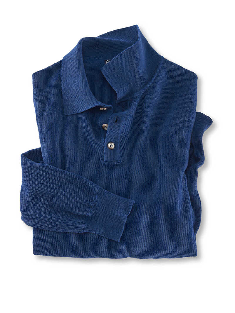 Blauer Herrenpullover mit Polokragen im Milano-Strick