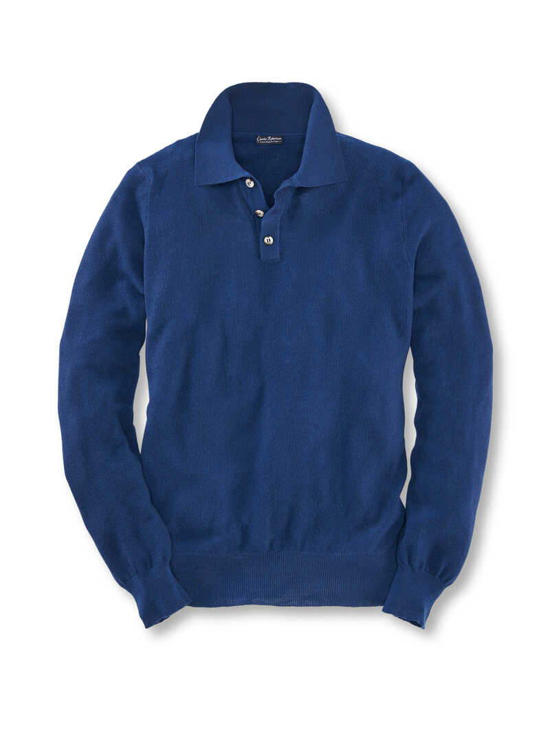 Blauer Herrenpullover mit Polokragen im Milano-Strick
