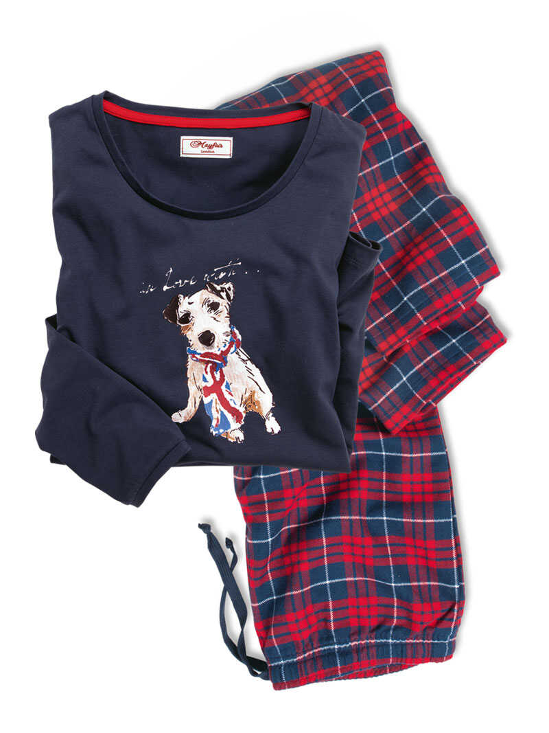 Damenpyjama mit Hundemotiv und karierter Hose