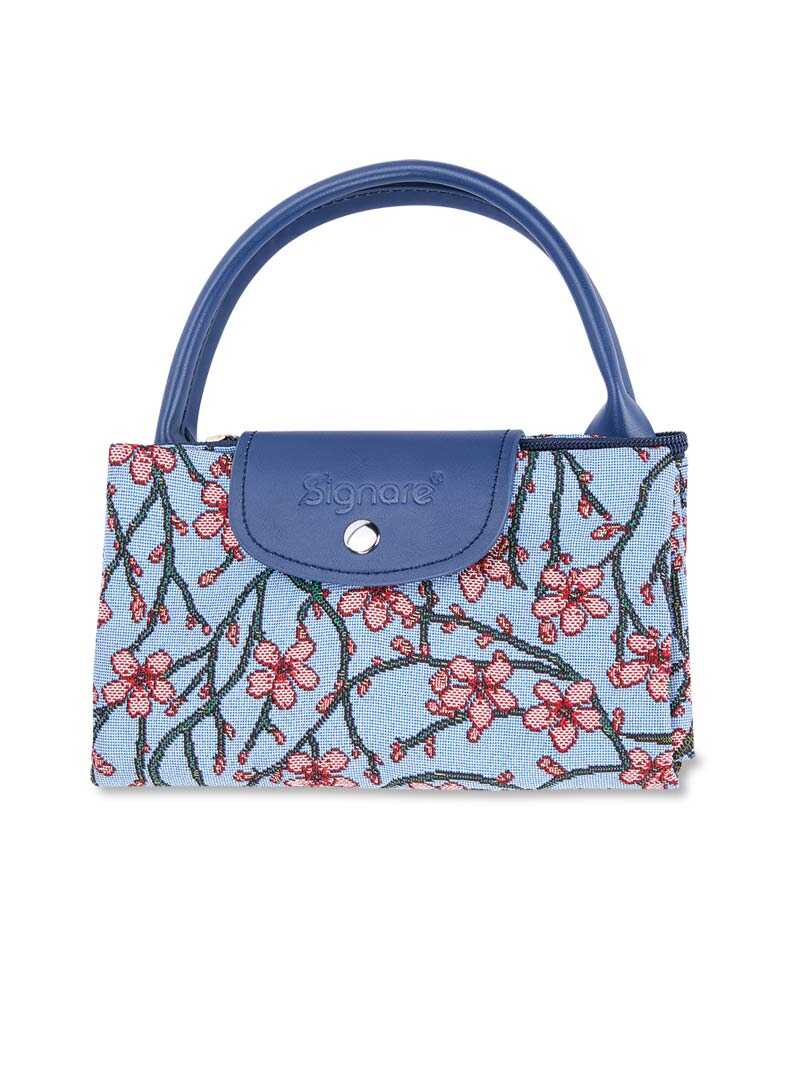 Blaue Einkaufstasche mit rosa Mandelblüte