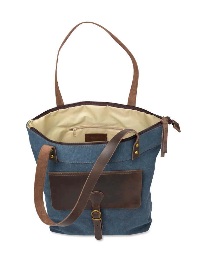 Blaue Canvastasche mit Leder