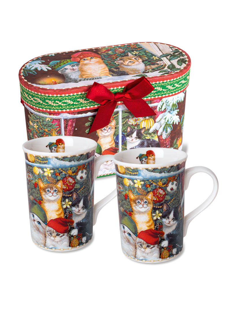 2 Becher mit Katzen und Weihnachtsbaum