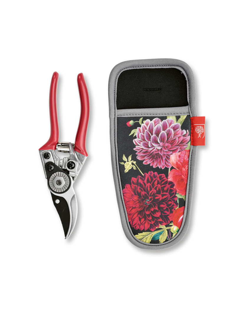 Rote Gartenschere mit Grtelhalter mit Blumen