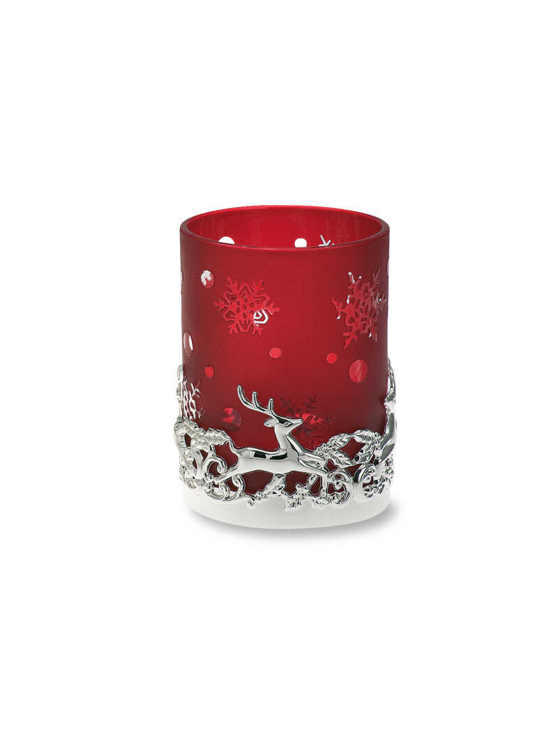 Rotes Teelichtglas mit silberfarbigen Rentieren