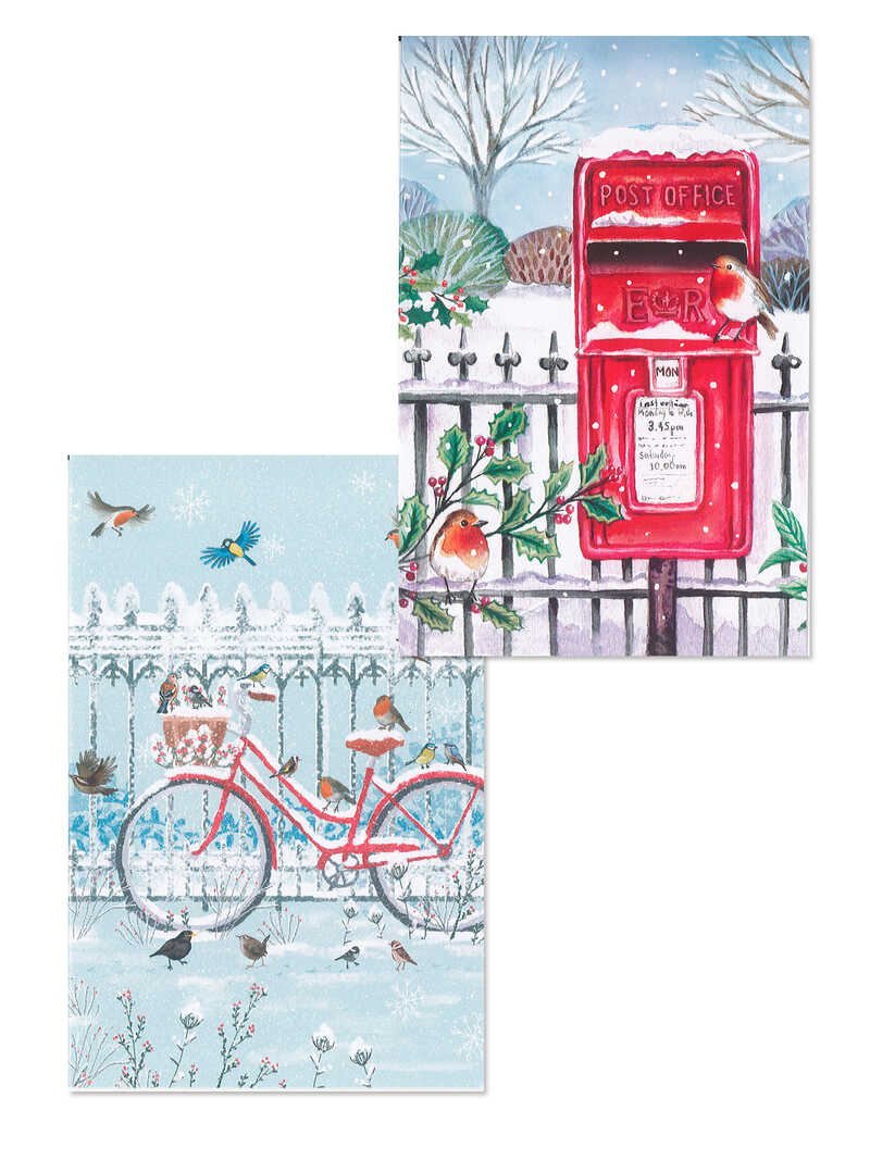 Weihnachtskarten mit Robin und rotem Briefkasten