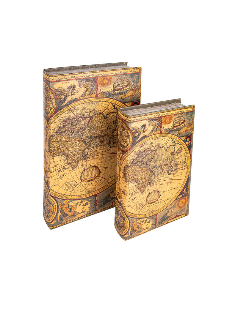 Produktbild zu Holz-Schatullen in Buchform mit historischer Weltkarte