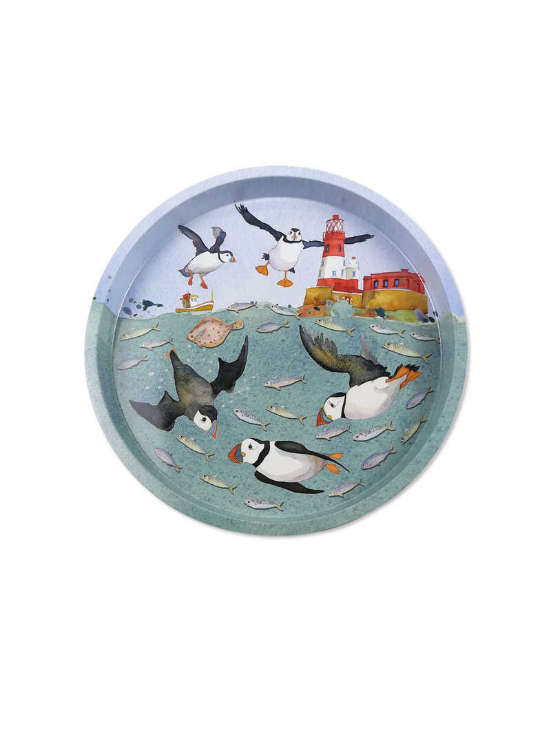 Produktbild zu Rundes Metall-Tablett Diving Puffins