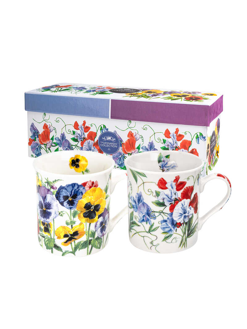 Porzellanbecher Gartenblumen mit Henkel im 2er-Set
