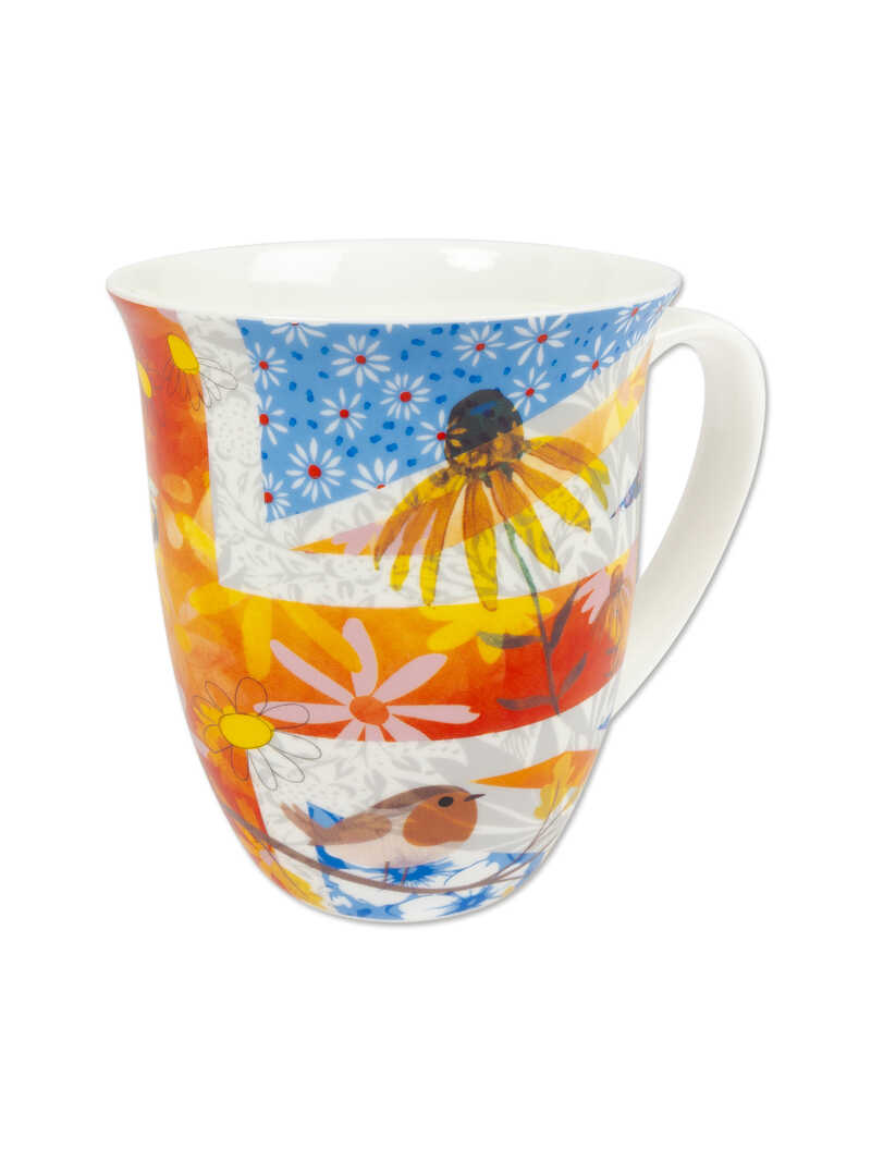 Henkelbecher mit Union Jack und Blumen