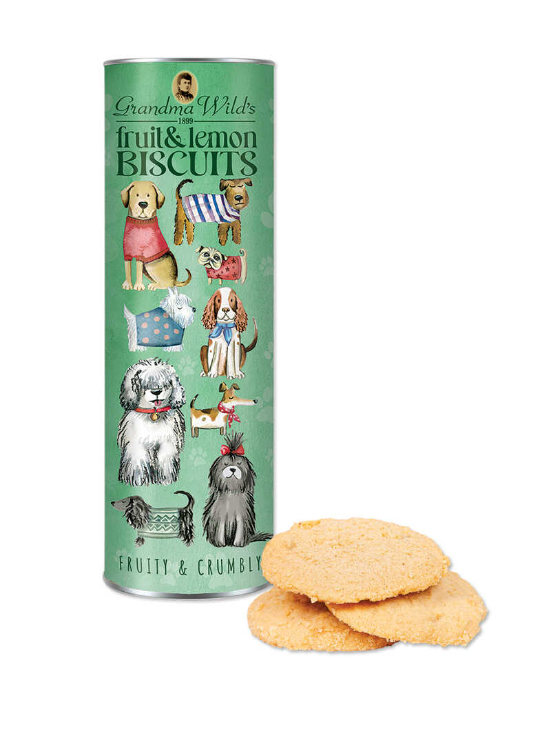 Produktbild zu Gebckdose Dogs in Jumpers mit 200 g Fruit & Lemon Biscuits