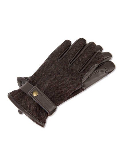 Lederhandschuhe mit Fischgrat-Tweed