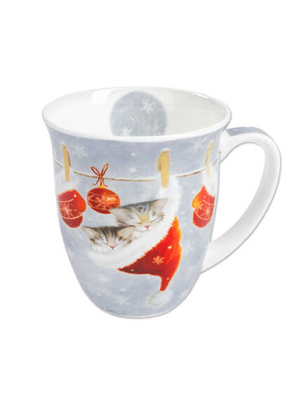 Porellan-Becher mit schlafender Katze in Weihnachtsm�tze